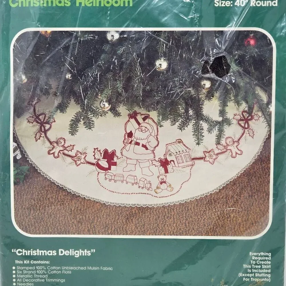 VINTAGE BUCILLA CANDLEWICKING CHRISTMAS TREE SKIRT KIT SANTA RARE 82099 40